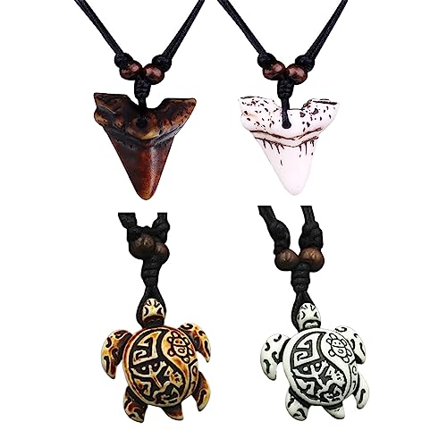 Shark Tooth Necklace Sea Turtle Surfer Necklace Pendant for Women Men Bohemian Summer Jewelry Gift 4Pcs Set