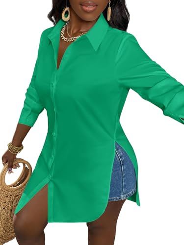 Image of LYANER Women's Collar Neck Long Sleeve Button Down Shirts Sexy Split Hem Tops Long Blouse Shirt Dress