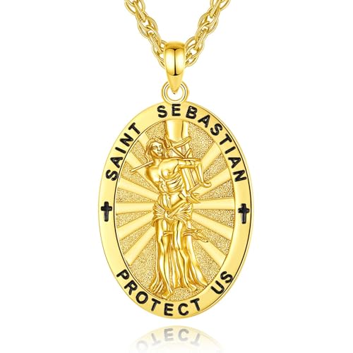 INFUSEU St Sebastian Medal Patron Saint of Athletes Gold Plated Pendant Men Women Baseball Runners Soccer Softball Wrestler Football Lacrosse Hockey Catholic Christian Religious Gifts