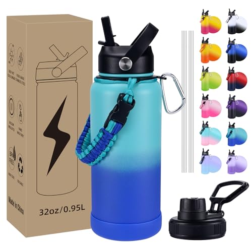 Image of Insulated Water Bottle, 32 oz Stainless Steel Wide Mouth Water Bottles with 2 Leak Proof Lid and Paracord Handle, Double Wall Vacuum Insulated Sports Water Bottle, Teal Blue