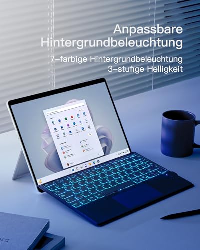 Inateck Surface Pro 11 Tastatur,Kompatibel mit Surface Pro 11/10/9/8/X, KI-Funktion,Tastatur mit Touchpad 7-Farben Hintergrundbeleuchtung und Stifthalter,QWERTZ, KB05114