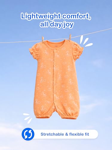 Image of Kidbea Organic Cotton Baby Romper for Infant Girls Front Button Half Sleeve Jumpsuit | Cute Printed Newborn Baby Girl Daily Comfort Wear