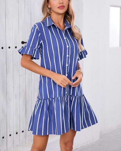 Women's Cotton Linen Ruffle Mini Dress Short Sleeve Button Down Drop Waist Tunic Shirt Dress3
