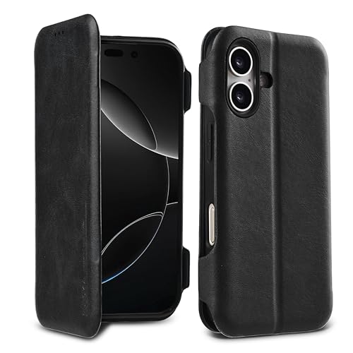Image of PULOKA - Sleek Flip Case- Compatible for iPhone 16 - Premium Vegan Leather Phone Cover with Card Slot - Slim, Durable, Privacy Protection - Kickstand Function - Elegant Flip Wallet Cases- Black