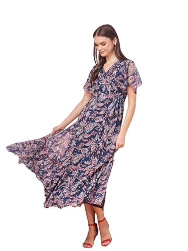 Image of Miss Chase Women's Floral V-Neck Flutter Sleeve Wrap Chiffon Maxi Dress