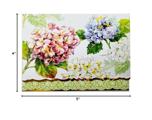 Image of Poster Foundry Classic Pink and Blue Hydrangea Boxed Note Cards by Carol Wilson. 10 embossed 4x5 Die-Cut Notecards and Matching Envelopes in Decorative Gift Box with Magnetic Flap. NCP6001