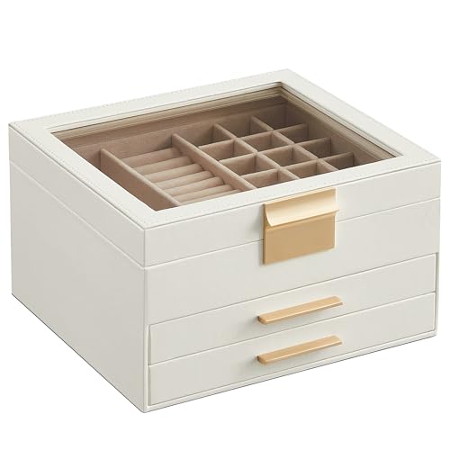 Asixxsix Kristall Tablett, runde Form Silber Kristall Tablett Aufbewahrungsplatte Spiegel Basis Schmuck Kosmetik Organizer Kommode Parfüm Tablett gespiegelt dekorative Tablett 5 SONGMICS Schmuckkästchen, Schmuckkasten mit 3 Ebenen, Schmuckbox mit Glasdeckel, 2 Schubladen, Schmuckaufbewahrung, viel Stauraum, modern, Geschenk für Ihre Liebsten, wolkenweiß-golden JBC239WT