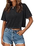 Trendy Queen Womens Crop Tops Short Sleeve T-Shirts Acid Wash Casual Summer Clothes Trendy Comfy 2025 Workout Baggy Soft Tees Black L