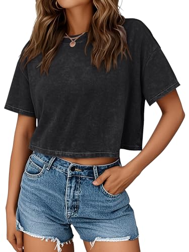 Trendy Queen Womens Crop Tops Short Sleeve T-Shirts Acid Wash Casual Summer Clothes Trendy Comfy 2025 Workout Baggy Soft Tees