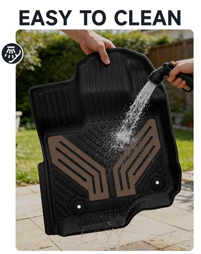 Image of 2-Piece Front TPE Floor Mats for Ford F-150 2015-2026 F150 Lightning 2022-2025 | Saddle Brown Wing Design | Heavy Duty All-Weather Protection