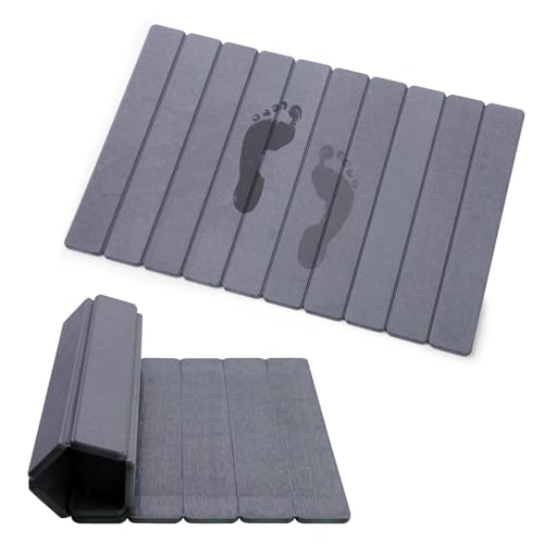 zmnklry Foldable Stone Bath Mat, Quick-Drying Diatomite Bath Mat, Fast-Drying Hard Stone Drying Mat for Bathroom Shower Floor, 23.6 x 15.4 inch (Dark Grey)