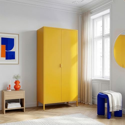 [en.casa] Armario Dormitorio Esteli con 2 Puertas 2 Percheros 4 Estantes Regulables Armario Ropero Clóset para Dormitorio Vestidor Acero 170 x 80 x 45 cm - Amarillo