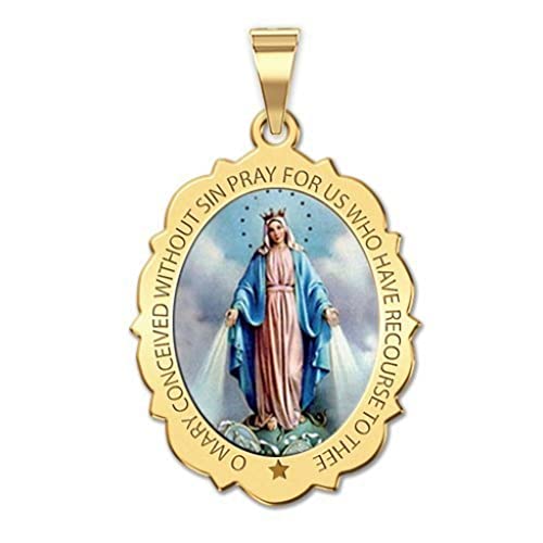 Picturesongold.com Miraculous Medal Necklace Catholic Virgin Mary Pendant Oval Pendants For Women & Men Crafted In 10K/14K Yellow Or White Gold & Sterling Silver Christian Gifts For Men & Women Or First Communion Gifts For Boys Or Girls (14K Yellow Gold, Scalloped Oval, 3/4 Inch X 1 Inch) #TOP24