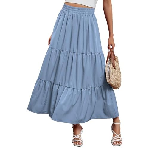 Arolina Maxi Skirt for Women Summer Boho Elastic High Waist Pleated A-Line Flowy Ruffle Swing Tiered Long Beach Skirt Dress XX-Large Lightblue