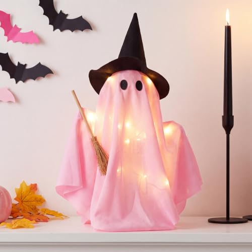 Halloween Decorations Light up Ghost with Witch Hat Broom, Pink, Fabric