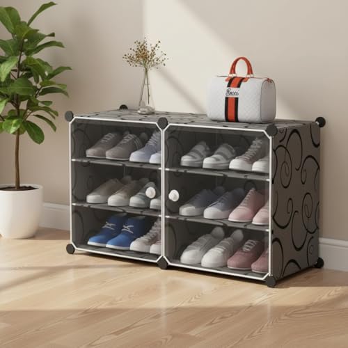 Image of KRISHYAM 6-Tier Shoe Rack Organizer with 2 Doors | DIY Portable Shoe Storage Cabinet for Boots, Shoes & Slippers | 12 Pair Capacity | Closet Organizer & Space Saver - Black