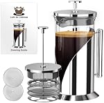 Cafetière à piston 34 oz – Presse à café en acier inoxydable et verre avec filtration à 4 niveaux, cafetière sans BPA pour le camping ou la maison – Grande, durable pour infusion chaude et froide | Préparation facile, verre clair durable, filtration à 4 niveaux, capacité de 34 oz, cafetière