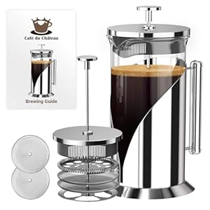 Cafe Du Chateau Stainless Steel French Press Coffee Maker 34 oz – Easy to Use Insulated Coffee Press with 4-Level Filtration, Manual Brewer for Tea, Camping & Travel with BPA Free, Durable Clear Glass