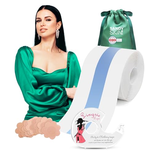 Sandy Skin® Premium Boob Tape + GRATIS 5 Paar Nippelpads + Doppelseitiges Klebeband – Brust Tape – Busentape - Klebe Push-Up BH – Booby Tape für große Brüste – Rückenfreier BH A-G