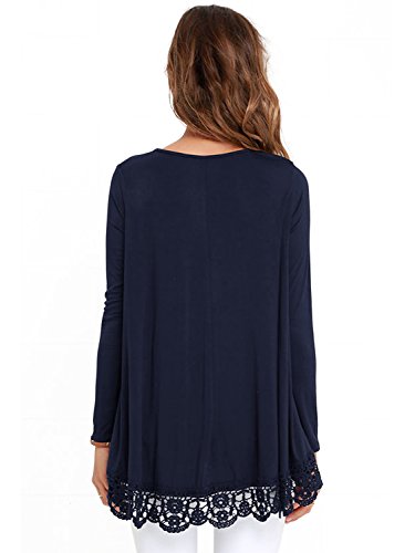 FISOUL Women's Tops Long Sleeve Lace Trim O-Neck A-Line Tunic Tops Large Navy Blue