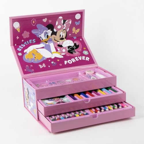 Pasta arte Minnie Mouse mais 60 peças estojo organizador lápis de cores, lápis de cera, aguarelas, canetas de marca, borracha, afia e caderno