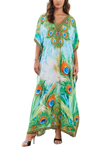 Image of IMAGEKOPE Women's Plus Size Loose Fit Moroccan Print V-Neck Batwing Kaftan Beach Dress Bathing Suit Cover Up