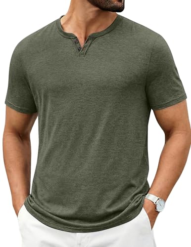 COOFANDY T Shirts for Men Casual Burnout Notch Neck Tee Shirt 2 Buttons Tee Shirts Army Green