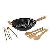 IMUSA 7pc Carbon Steel Nonstick Wok Set with Bamboo Kitchen Tools, Black
