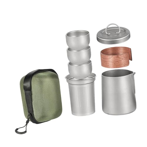 Generic Titanium Tea Set with 3 Teacups Portable Mugs Lightweight with Mesh Cup Travel Teapot for Outdoor Sports Hiking, with Handle Cover