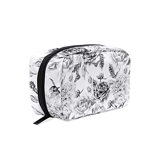 Black White Flowers with Leaves, Hydrangeas, Peonies, Buds and Petals Smooth Zipper Women Makeup Bag, Cosmetic Toiletry Storage Case Portable Coin Purse Large Pouch Organizer Holder for Ladies Girls