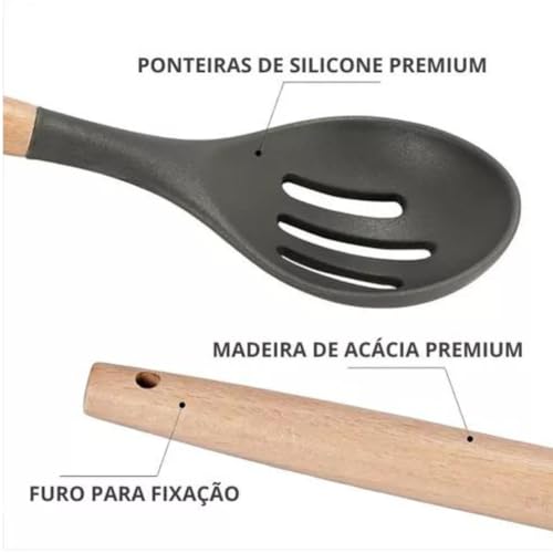 Jogo Conjunto Utensílios de Cozinha Kit em Silicone Madeira e Inox 12 Peças Resistente Ao Calor, Con