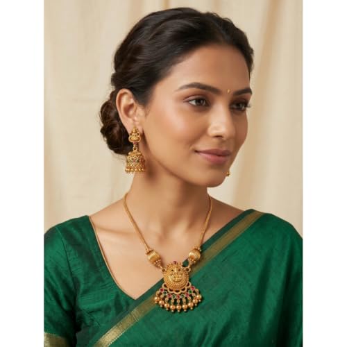 Image of Traditional Gold-Plated Lakshmi Temple Pendant Necklace Set for Women | Antique South Indian Jewelry with Jhumka Earrings | Ethnic Bridal, Wedding & Festive Jewelry Set