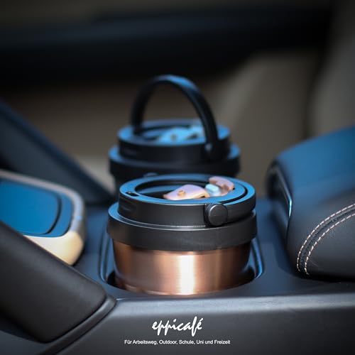 Foto von eppikan eppiCafé Edelstahl Thermobecher mit klappbarem Tragegriff - auslaufsicherer Coffee-To-Go-Becher für Kaffee und Tee 400 ml (Electric Copper)