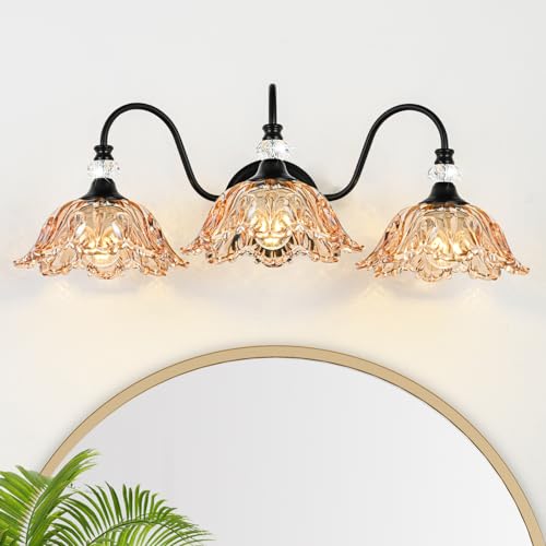 Image of Black Bathroom Vanity Light,3-Light Vanity Light with Floral Amber Glass Shades,Vintage Farmhouse Wall Mount Lighting for Bathroom, Dressing Table