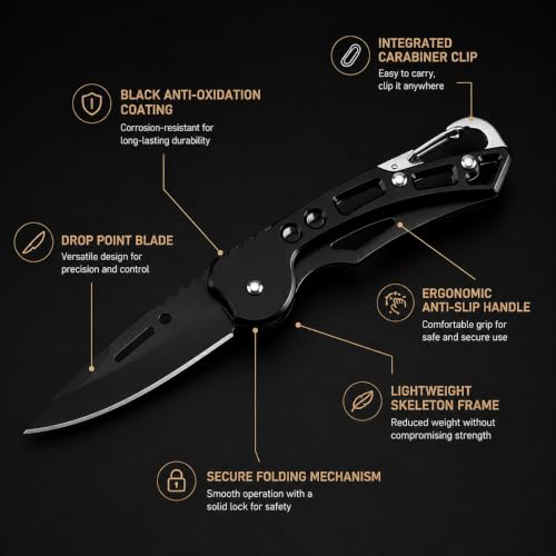Image of Foldable Pocket Knife with Carabiner Clip - 6 Inch Carbon Steel Manual Folding Blade for Kitchen, Camping, Travel and Office Use | Multipurpose Box Opener Utility Knife