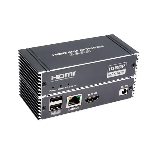 60M HDMI KVM Extender?HDMI Extender with USB KVM Control RJ45 60m Over Over Cat5e/Cat6 POC with Loop Support USB Keyboard Mouse for PC Computer