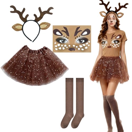 ZXTGBQ 4 Pièces Déguisement Renne Femme, Deguisement Noel, Serre Tete Noel, Jupe en Tulle, Deguisement Noel Femme Costume Animaux Adulte pour Halloween Noël Carnaval Cosplay Thème Fête