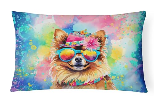 Caroline's Treasures DAC2538PW1216 Pomeranian Hippie Dawg Fabric Decorative Pillow Machine Washable, Indoor Outdoor Decorative Pillow for Couch, Bed or Patio, 12HX16W