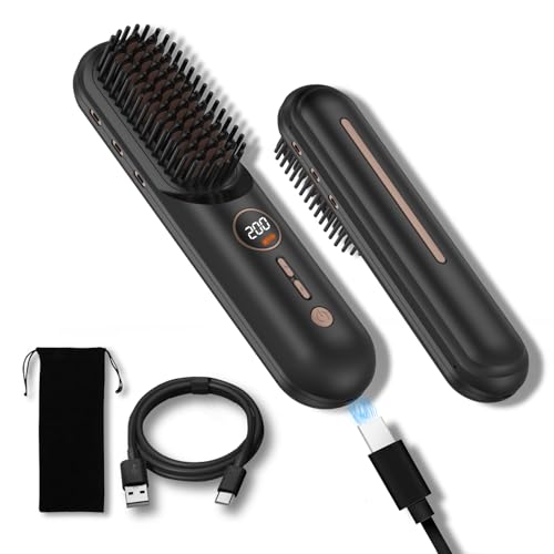 Mini Cordless Hair Straightener Brush, Portable LED Display USB Rechargeable