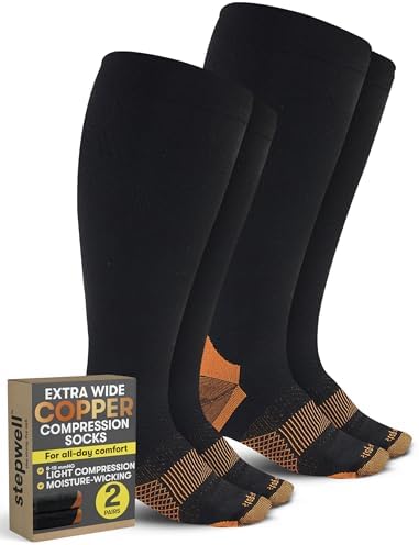 STEPWELL Copper Plus Size Compression Socks Wide Calf - 2 Pairs | Easy-On, Easy Off | Knee High Circulation Support | Compression Socks Men Wide Calf | Black-XXL