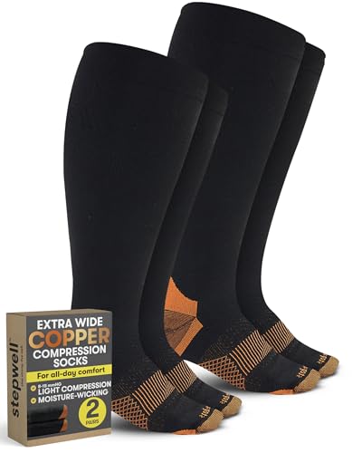 STEPWELL Copper Plus Size Compression Socks Wide Calf - 2 Pairs | Easy-On, Easy Off | Knee High Circulation Support | Compression Socks Men Wide Calf | Black-3XL