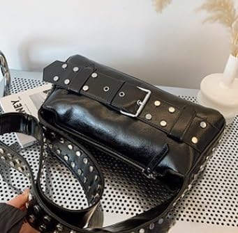 Y2k Studded Shoulder Bag for Women Trendy Leather Purses Vintage Punk Handbag Rivet Black Purse 90s Crossbody Bags