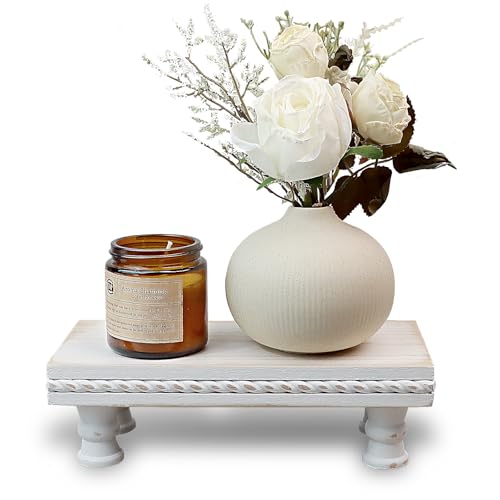 SAOCAIHUL Wood Tray Pedestal Stand Waterproof Bathroom Counter Organizer Modern Farmhouse Riser for Soap/Candle/Sponge White Small