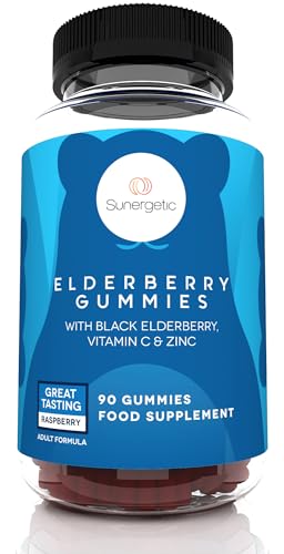 Image of Sunergetic Premium Black Elderberry Gummies - Black Elderberry with Vitamin C & Zinc - Helps Support Immune System - Great Tasting Sambucus Elderberry Gummies - Raspberry Flavored - 90 Gummies