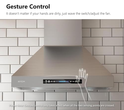 Image of 30 inch Wall Mount Range Hood, 900 CFM Powerful Suction, Gesture Sensing & Touch Control, 4-Speed Fan, Adjustable LED Lights, Stainless Steel, Ducted /Ductless Convertible
