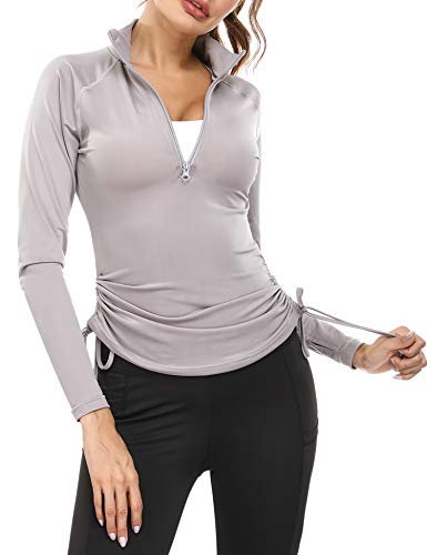 Sykooria Women's Half Zip Pullover Running Jacket Long Sleeve Running Tops Athletic Workout Jacket with Thumb Holes (Grey,M)