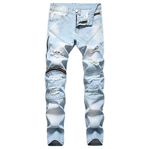 Jean déchiré à taille moyenne pour hommes pantalon biker en denim délavé