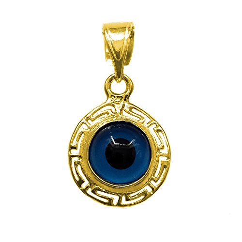Sterling Silver 18 Karat Gold Overlay Greek Key Theme Double Sided Evil Eye Pendant Charm