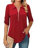 Bulotus Red Tops 3/4 Sleeve Banded Collar Relaxed Loose Silk Satin Button Front Blouses Boho Festival Holiday Vacation Travel Cruise Outing Brunch Lounge Cocktail Party Trip Gala Autumn Tunics