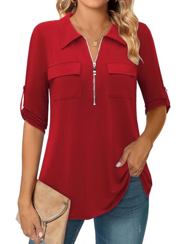 Red Blouses for Women 3/4 Sleeve Long Straight Cut Silk